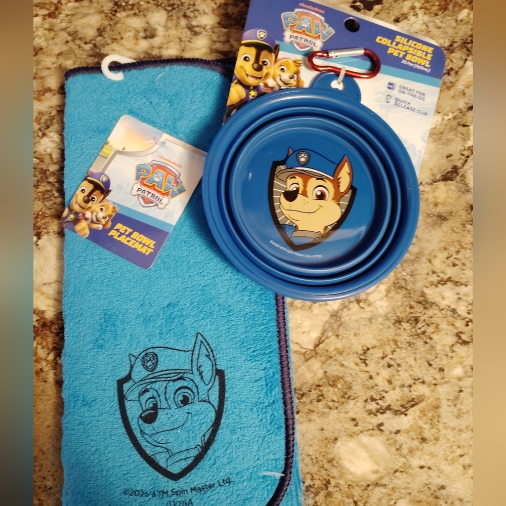 Paw Patrol Blue Collapsible Silicone Pet Bowl with Towel - Chase Design